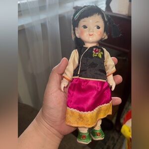Vintage Style Ethnic Doll in Black Top & Fuchsia Skirt